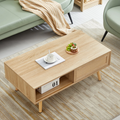 Modern Rectangular Natural Rattan Coffee Table with Sliding Door & Open Shelf