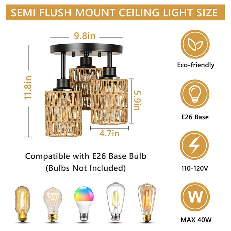 3-Light Hand-Woven Rattan Flush Mount Ceiling Light with natural boho style - Elirian