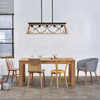 Farmhouse oak wood metal linear pendant light with Edison bulbs over dining table - Elirian