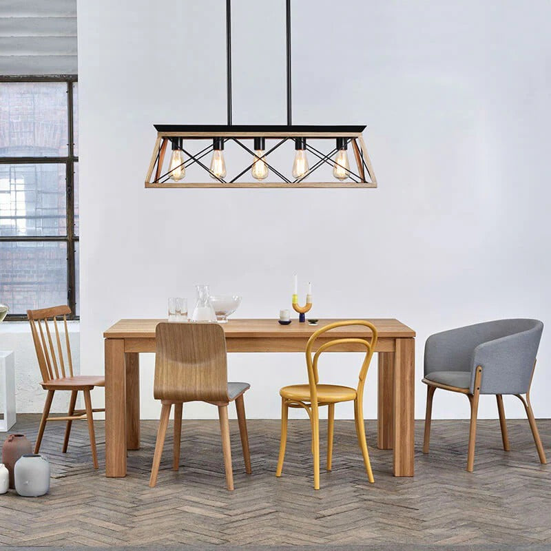 Farmhouse oak wood metal linear pendant light with Edison bulbs over dining table - Elirian
