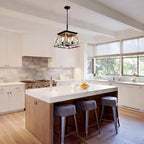 Farmhouse pendant light with oak wood base and antique metal frame above kitchen island - Elirian