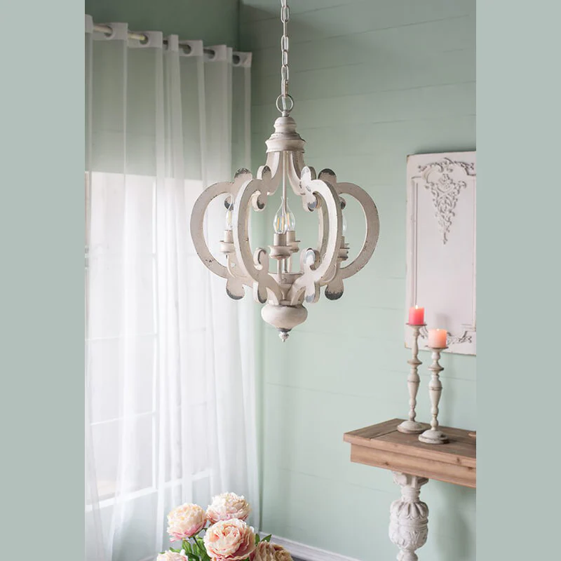 Antique White Wood & Iron 6-Light Farmhouse Pendant Light with Scrolled Arms