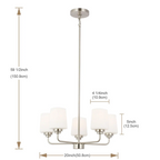 Modern five-light brushed nickel chandelier with frosted glass shades and adjustable chain - Elirian