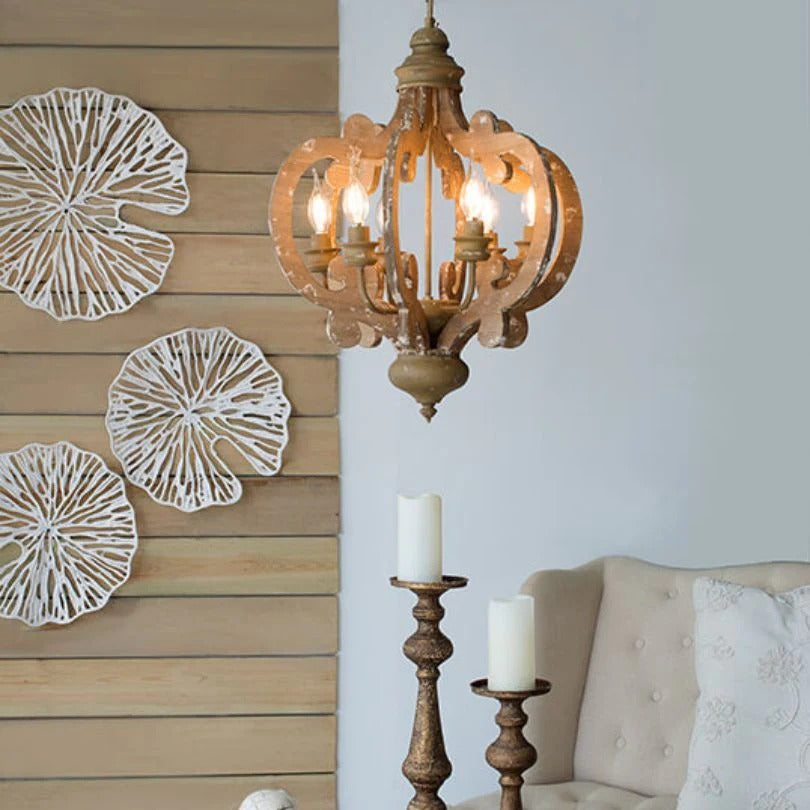6-light farmhouse pendant light with beaded wood candelabra design and warm brass finish - Elirian
