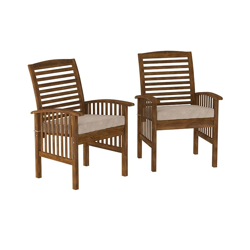 Dark Brown Acacia Wood Slat-Back Patio Chair with Cushions - Set of 2