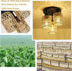 Hand-woven rattan flush mount ceiling light with three natural abaca drum shades - Elirian