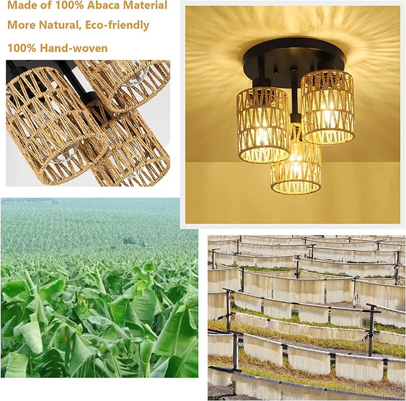 Hand-woven rattan flush mount ceiling light with three natural abaca drum shades - Elirian