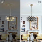 Modern black crystal pendant light on and off comparison showing illuminated design - Elirian