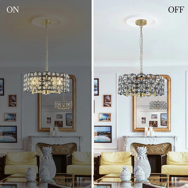 Modern black crystal pendant light on and off comparison showing illuminated design - Elirian