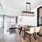 Farmhouse oak wood metal linear pendant light over dining table - Elirian