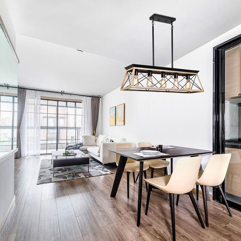 Farmhouse oak wood metal linear pendant light over dining table - Elirian