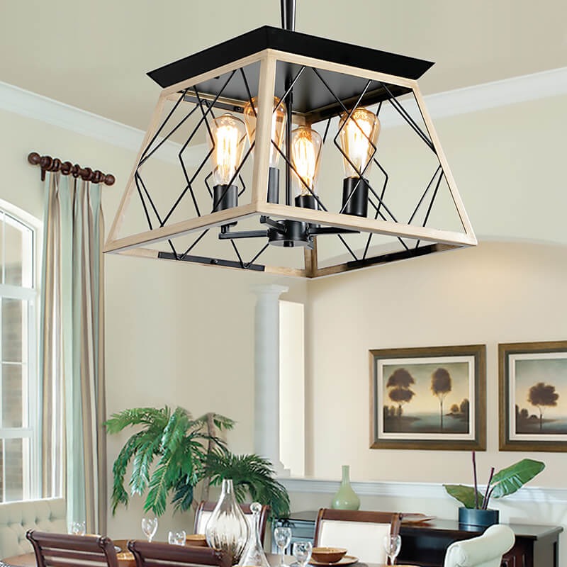 Farmhouse 4-light pendant lamp with oak wood and antique black metal frame - Elirian