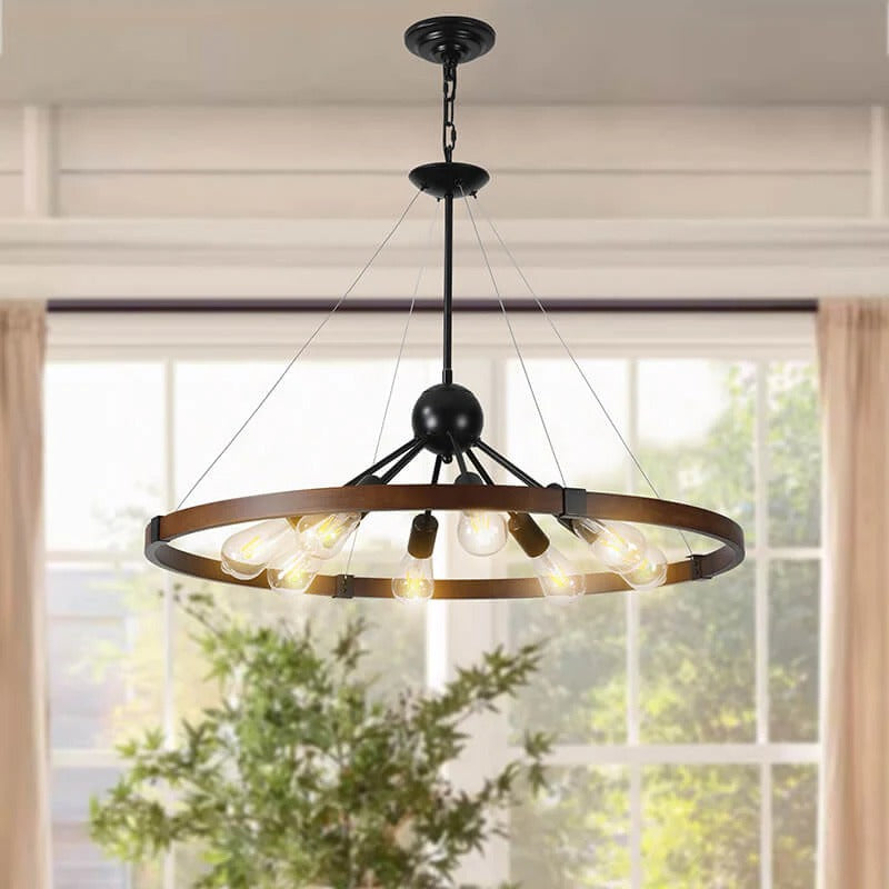 Walnut black farmhouse 8-light wagon wheel pendant light fixture - Elirian