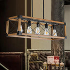 Farmhouse 5-light pendant chandelier with walnut wood frame and black metal accents - Elirian