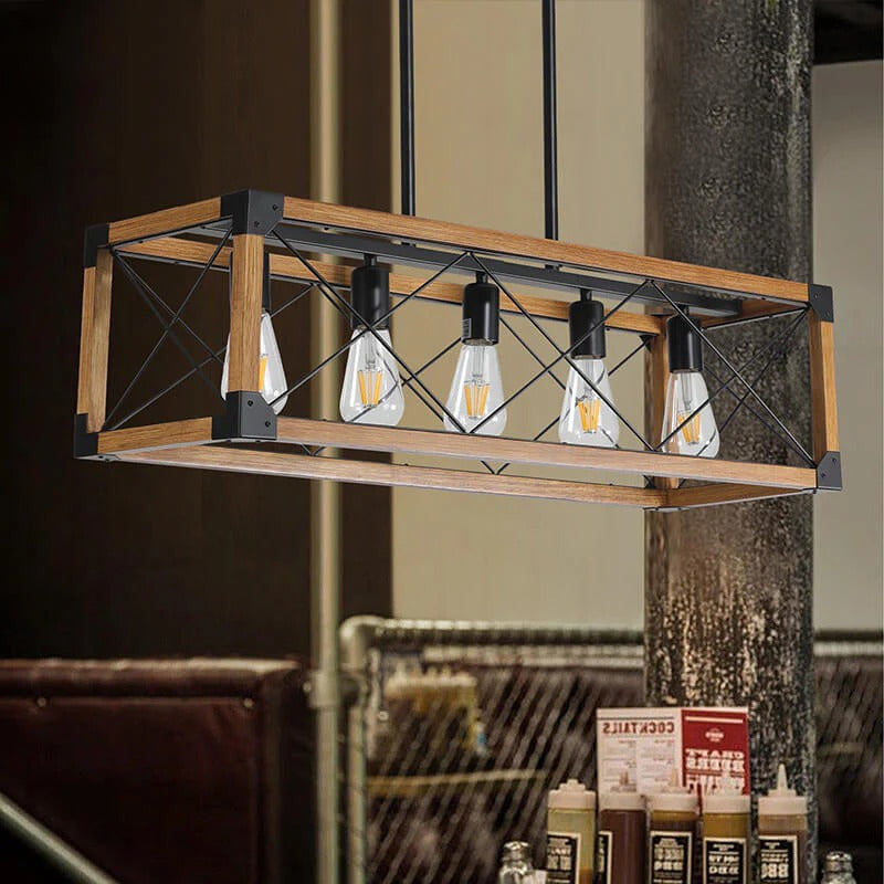 Farmhouse 5-light pendant chandelier with walnut wood frame and black metal accents - Elirian