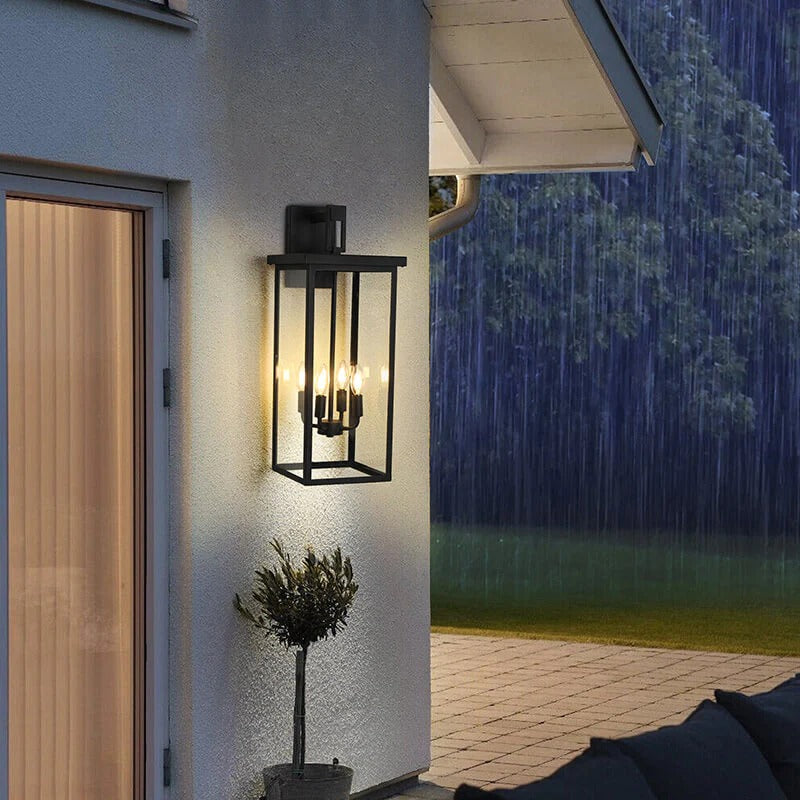 11.2" Black Candle-Style Outdoor Wall Light with Glass Panels & 4 Lights