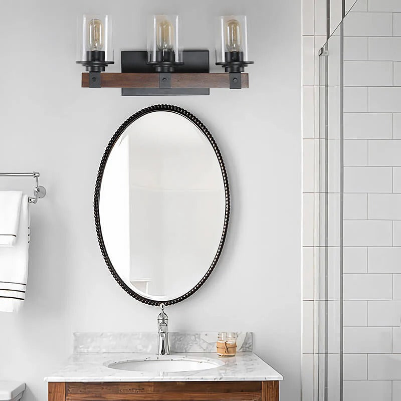 3-Light Rustic Bathroom Vanity Light Fixture Clear Glass Shades Wood Metal - Elirian