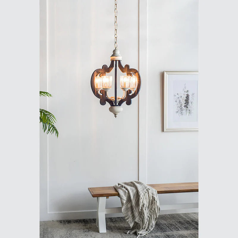 Blue wood and iron farmhouse pendant light with scrolled arms and chain - Elirian