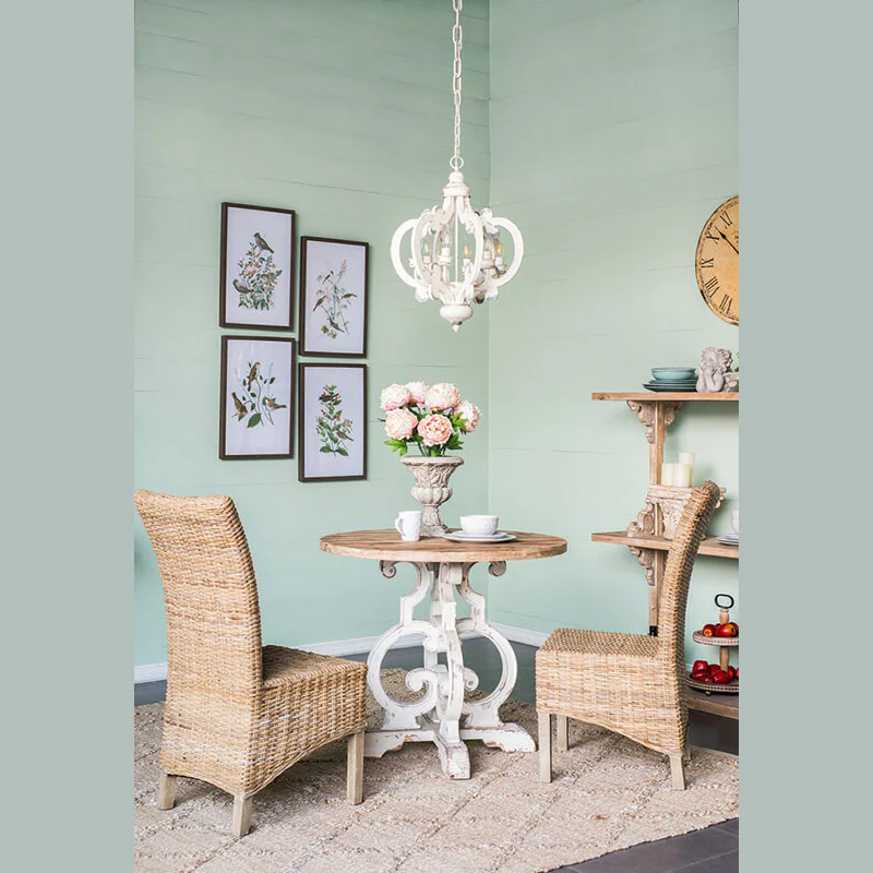 Antique White Wood & Iron 6-Light Farmhouse Pendant Light with Scrolled Arms
