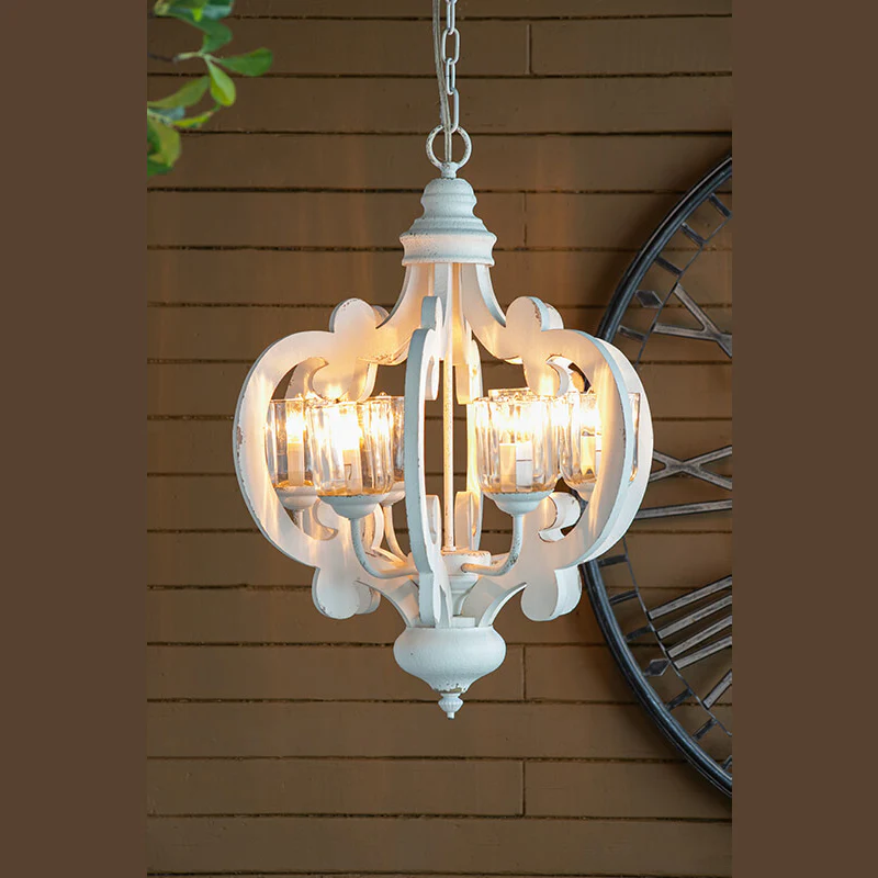 Cream farmhouse candelabra pendant light with six glass candle holders and chain - Elirian