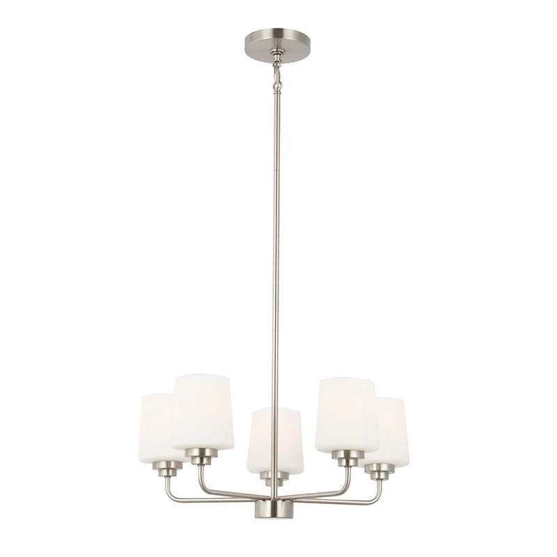 Five-light modern chandelier brushed nickel finish frosted glass shades Elirian