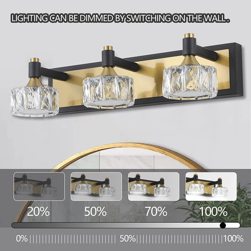 Dimmable crystal bathroom vanity light with brushed gold and black finish - Elirian
