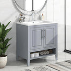 30" Multi-functional Grey Bathroom Vanity with Open Shelf & Dual Storage Cabinet