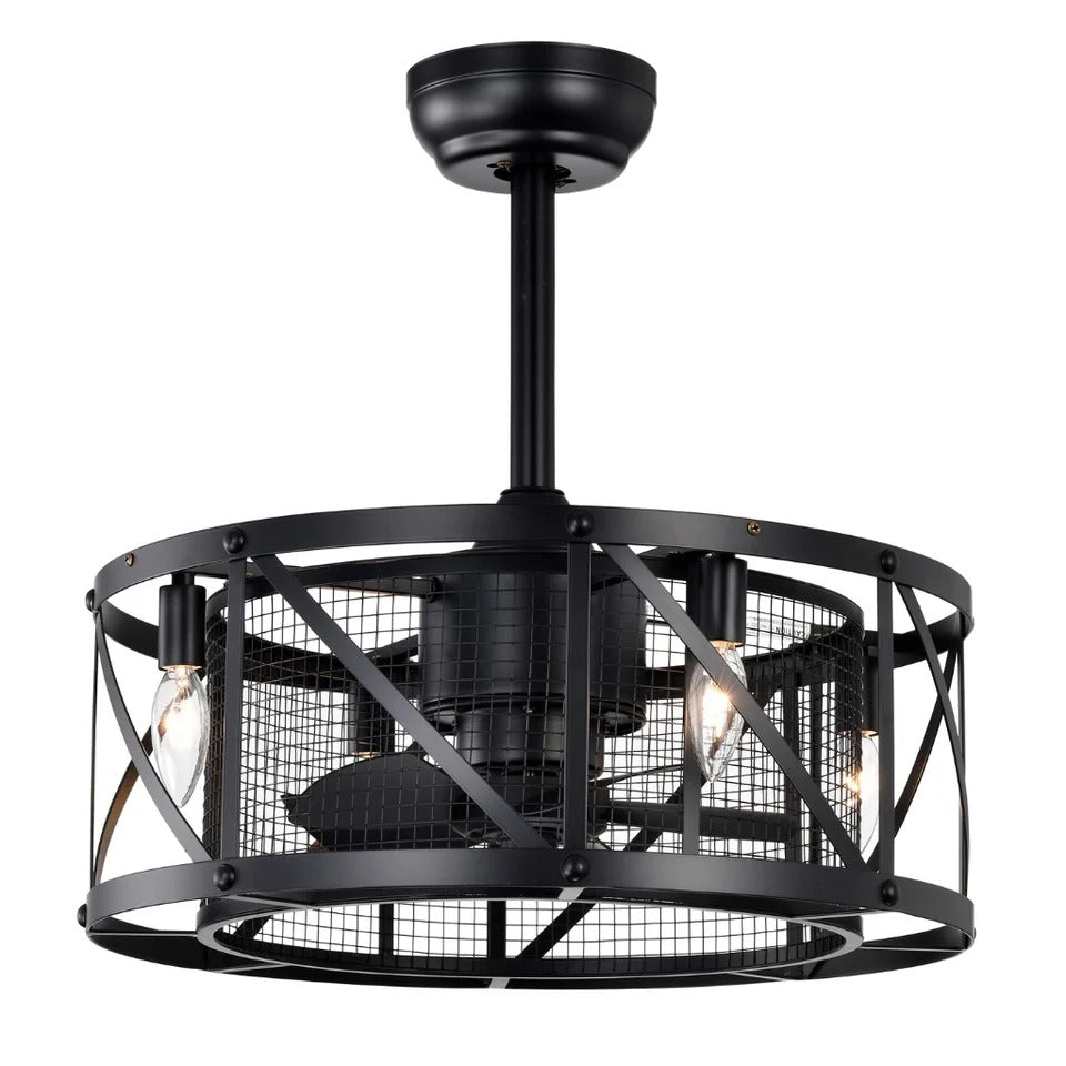Industrial matte black caged ceiling fan with integrated light fixture and remote control - Elirian