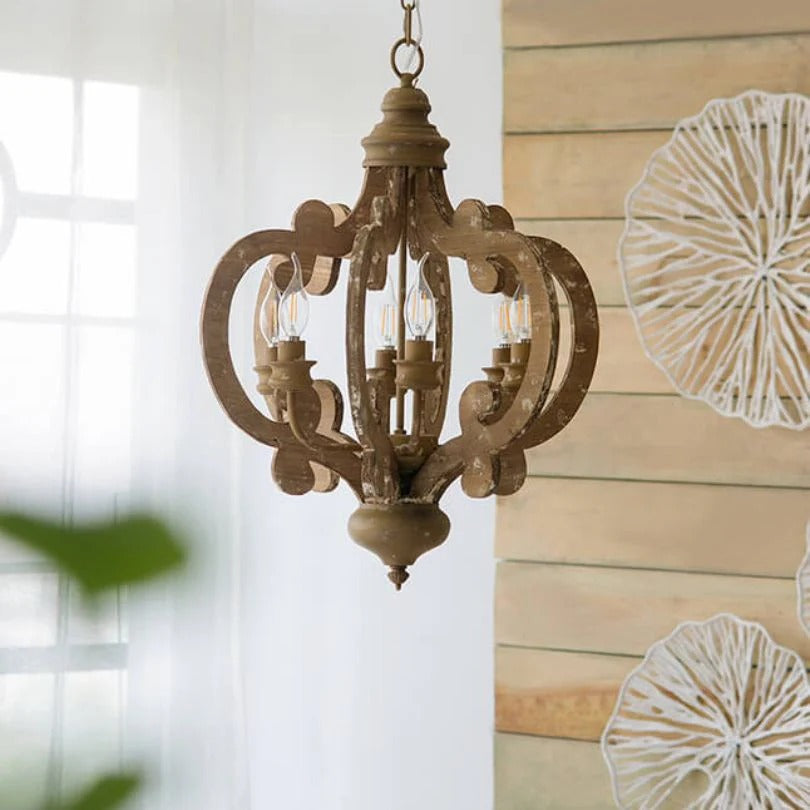 Beige brown farmhouse wood candelabra pendant light with six candle-style lights - Elirian