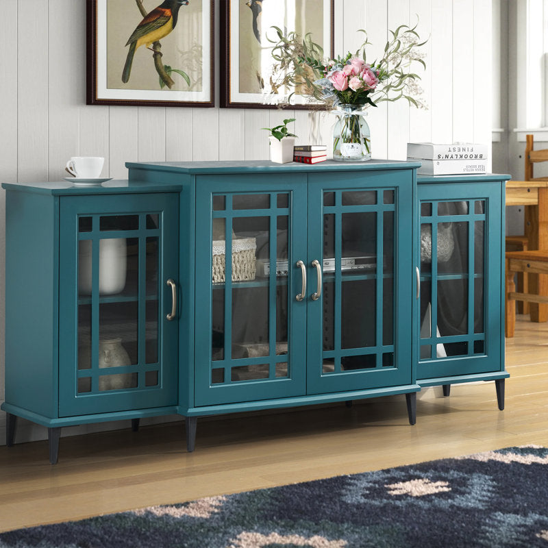 Modern Wooden Teal Blue TV Console with Glass Doors & Adjustable Shelves