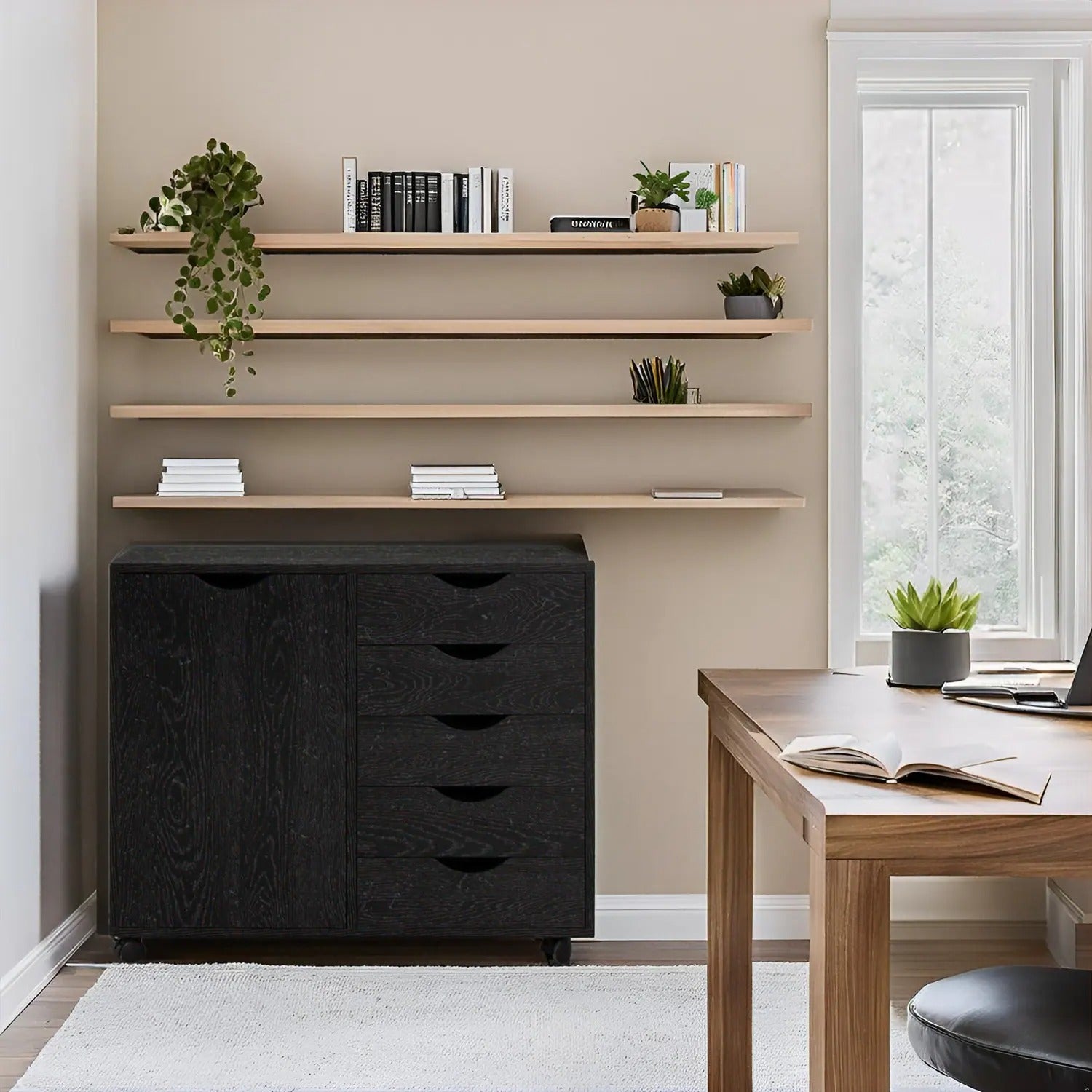 Black 5-Drawer Office Storage Cabinet on Wheels with Door