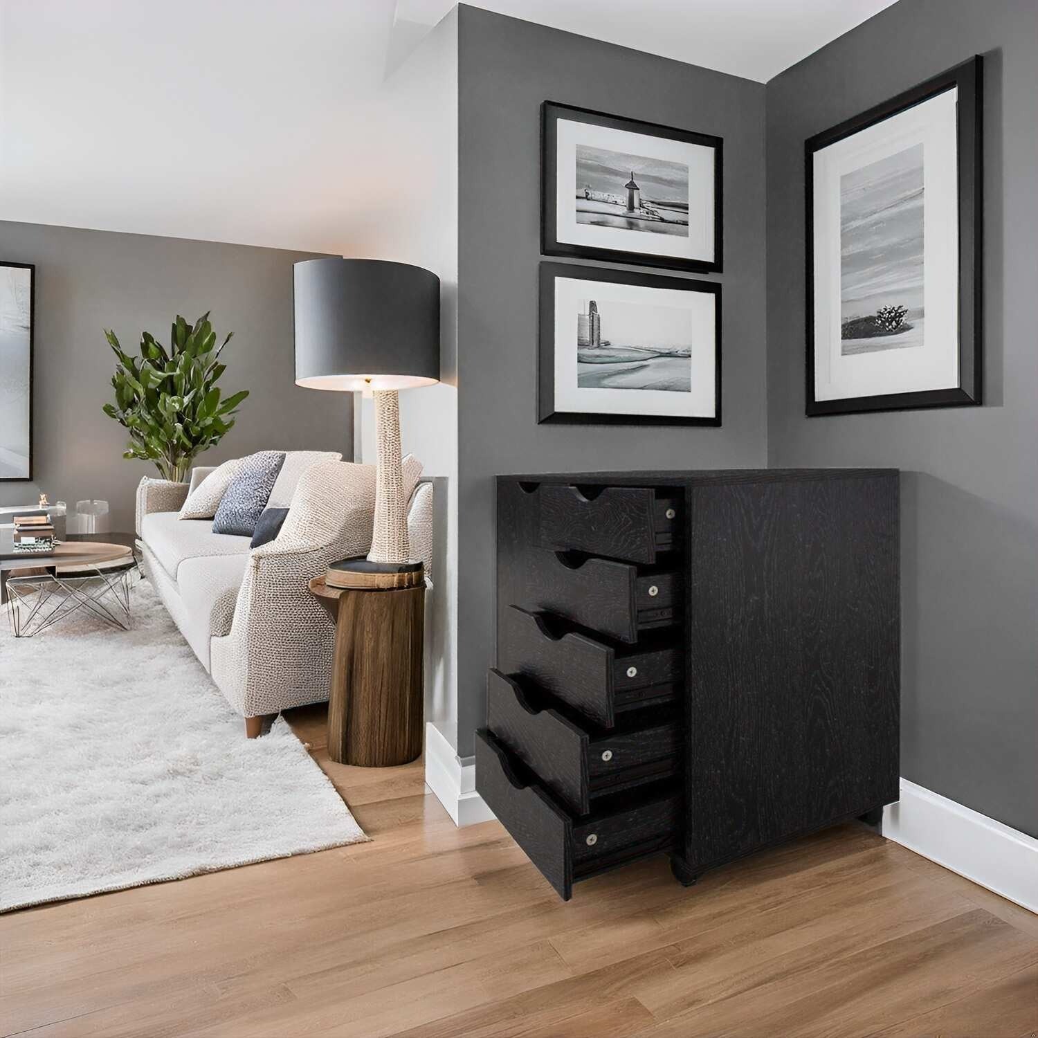 Black 5-Drawer Office Storage Cabinet on Wheels with Door