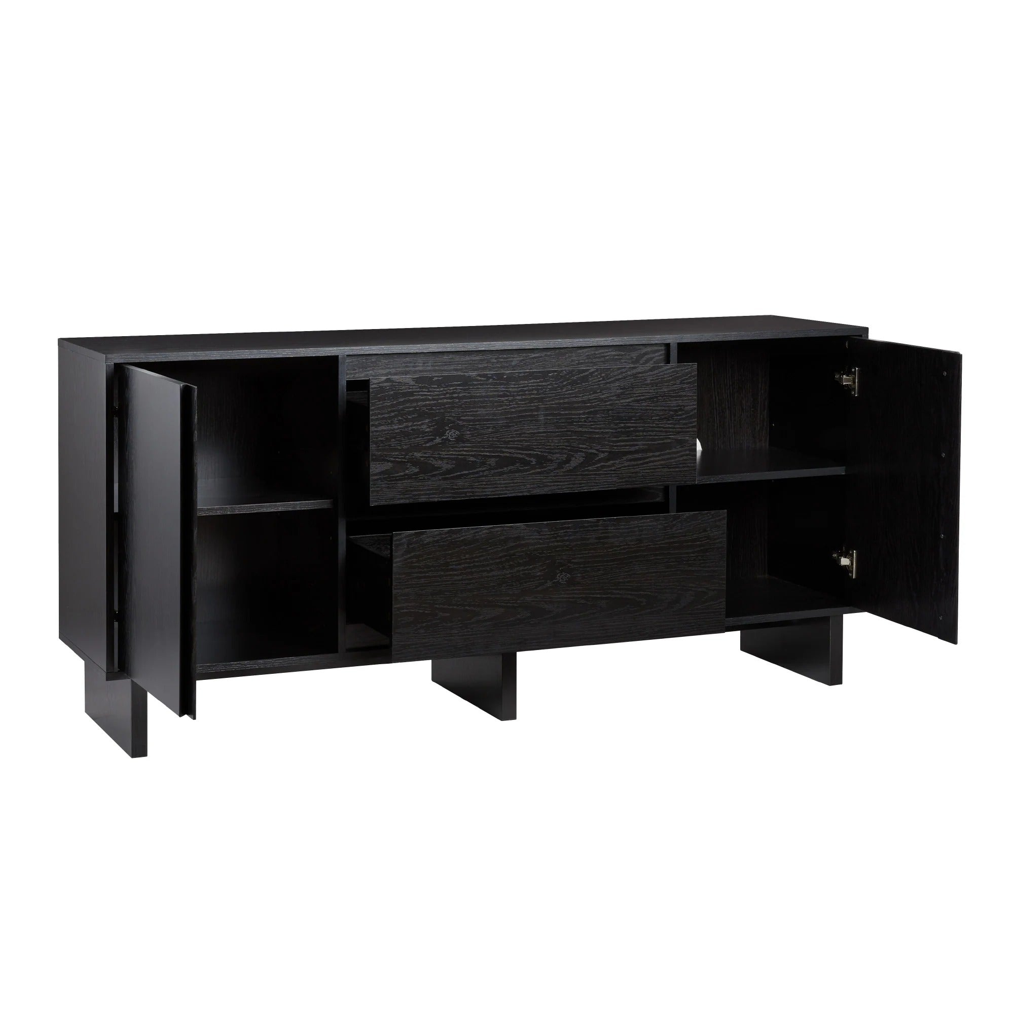 Schwarzes 160 cm breites Sideboard aus Küsteneiche mit abgeschrägten Schubladen und Kabeldurchführung