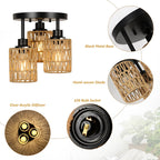 3-light hand-woven rattan flush mount ceiling light with natural boho style and black metal base - Elirian