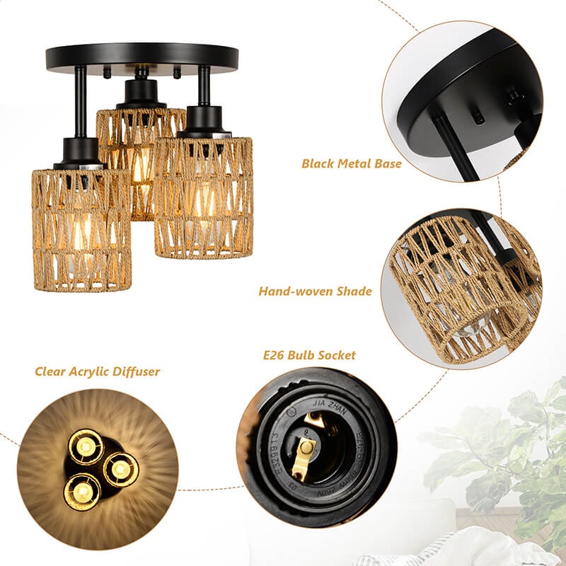 3-light hand-woven rattan flush mount ceiling light with natural boho style and black metal base - Elirian