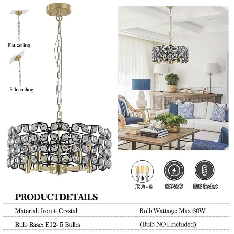 Modern black crystal pendant light fixture with five bulbs and chain suspension - Elirian