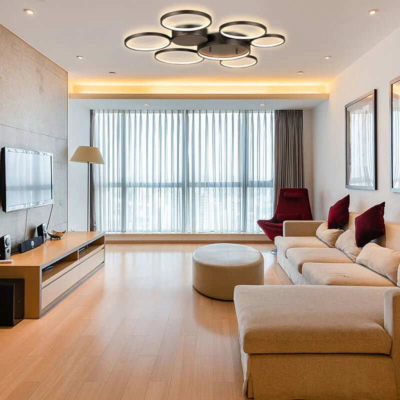 Modern black 6-ring LED flush ceiling light with remote control in contemporary living room - Elirian