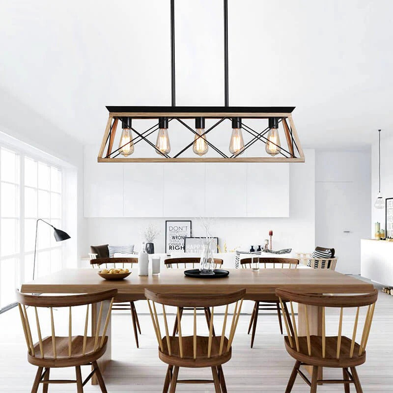 Farmhouse oak wood metal five light linear pendant island light - Elirian