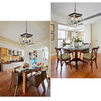 Farmhouse 4-light pendant lamp with oak wood and antique metal frame in dining room - Elirian
