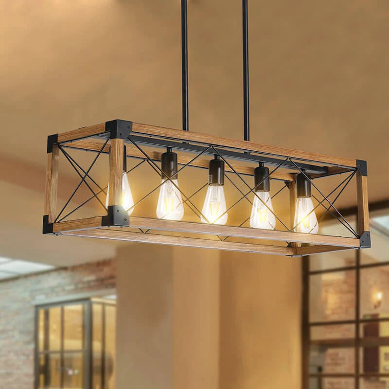Farmhouse 5-light pendant light with walnut wood and black metal frame - Elirian