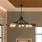 Walnut and black farmhouse 8-light wagon wheel pendant chandelier for modern rustic home decor - Elirian