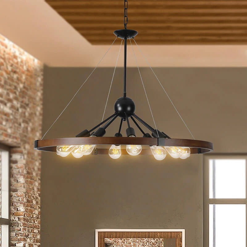 Walnut and black farmhouse 8-light wagon wheel pendant chandelier for modern rustic home decor - Elirian