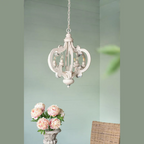 Antique White Wood & Iron 6-Light Farmhouse Pendant Light with Scrolled Arms