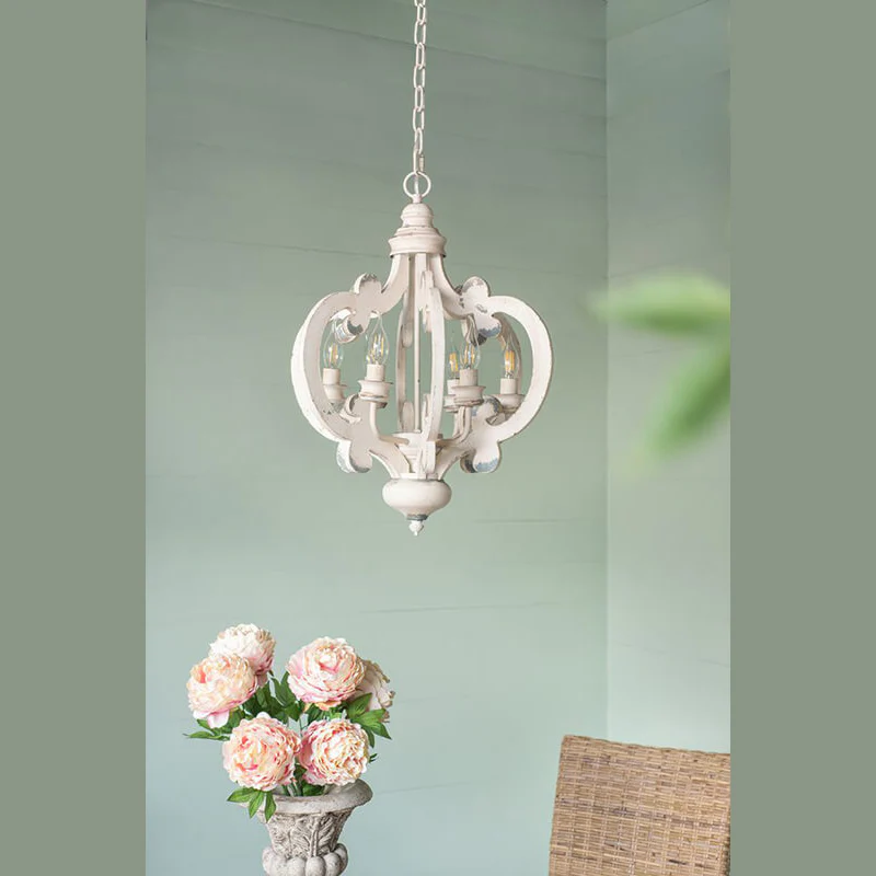 Antique White Wood & Iron 6-Light Farmhouse Pendant Light with Scrolled Arms