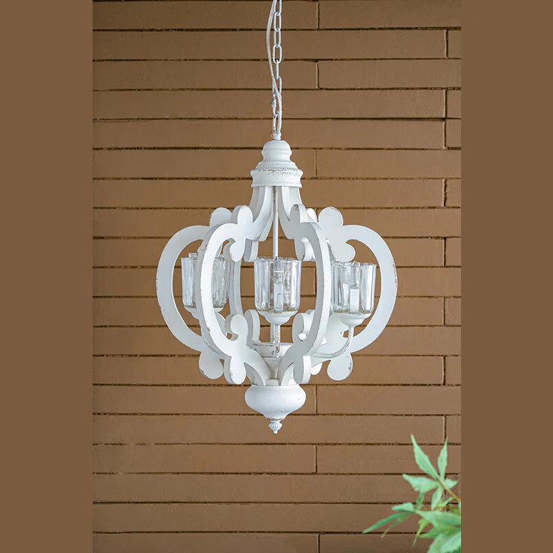 Cream wood farmhouse pendant light with six candelabra-style glass shades - Elirian