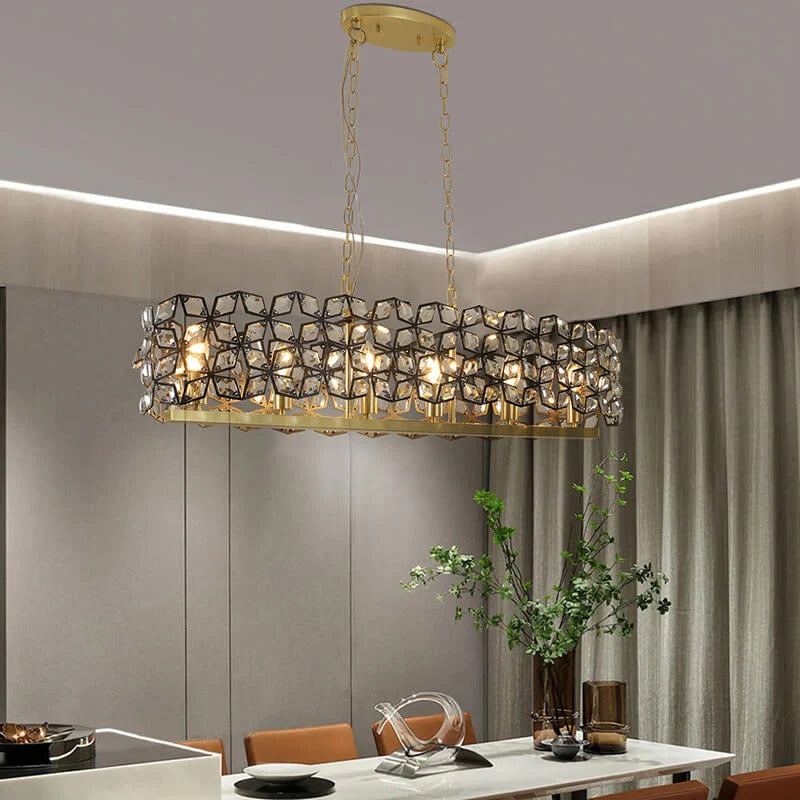 Modern Champagne Gold Oval Crystal Pendant Light - Luxury dining chandelier fixture - Elirian