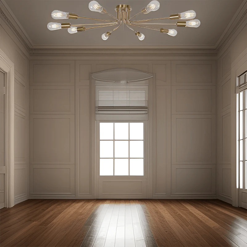 Modern Brushed Gold Sputnik Semi-Flush Ceiling Light with 10-Light - Elirian