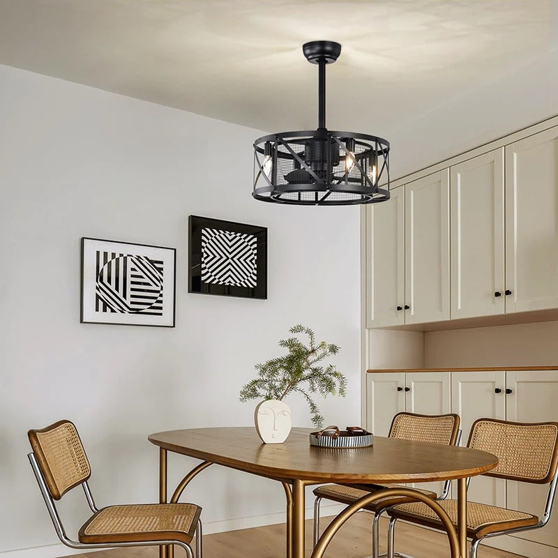 Industrial matte black caged ceiling fan with light and remote control in modern dining room - Elirian