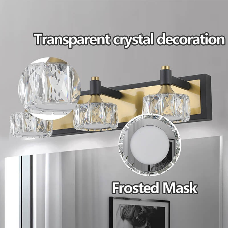 Modern crystal LED bathroom vanity light with brushed gold finish and frosted mask - Elirian