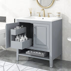 30" Multi-functional Grey Bathroom Vanity with Open Shelf & Dual Storage Cabinet